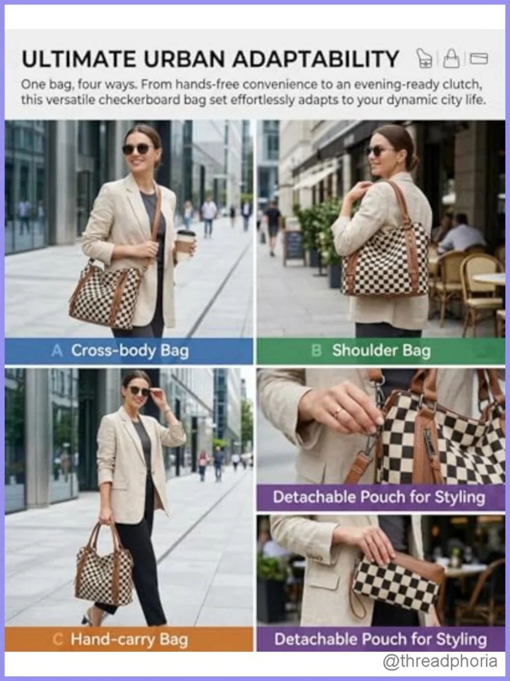 Vintage Checkered Large Hobo Shoulder Bag with Multi-Pockets PU Leather Canvas
